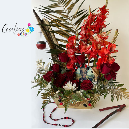 Artistico arreglo Floral con Imagen Personalizada de Orisha en Metal